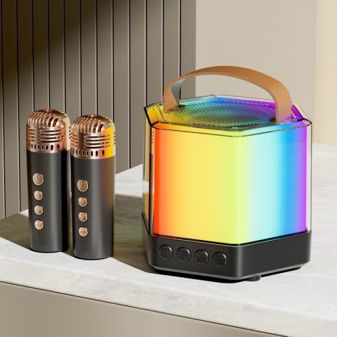 Boxe Portabile - Boxă Karaoke RGB cu 2 Microfoane Wireless – Model Q-7, TF Card, USB, Bluetooth – Sunet Puternic și Efecte de Lumini