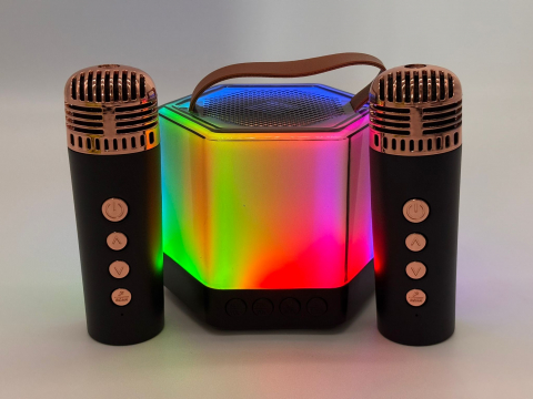 Boxă Karaoke RGB cu 2 Microfoane Wireless – Model Q-7, TF Card, USB, Bluetooth – Sunet Puternic și Efecte de Lumini [9]