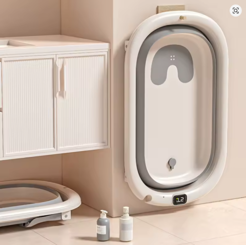 Cadita Pliabila pentru Bebelusi cu Afisaj Temperatura Digital, 80 x 50 cm, Cadita Baie Copii Pliabila cu Dop Scurgere, Design Antiderapant, Usor de Depozitat [1]