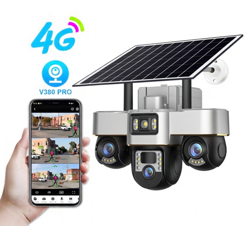 Camere de Supraveghere - Camera de Supraveghere cu Panou Solar, Conexiune 4G, 15MP, Vedere pe Timp de Noapte, Detectare Miscare, Comunicare Bidirectionala, V380 Pro, Zoom 10X,  3 Lentile 360° PTZ