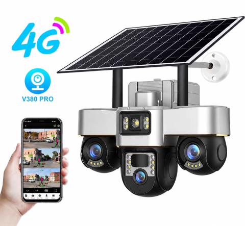 Camere de Supraveghere - Camera de Supraveghere cu Panou Solar, Conexiune 4G, 15MP, Vedere pe Timp de Noapte, Detectare Miscare, Comunicare Bidirectionala, V380 Pro, Zoom 10X,  3 Lentile 360° PTZ