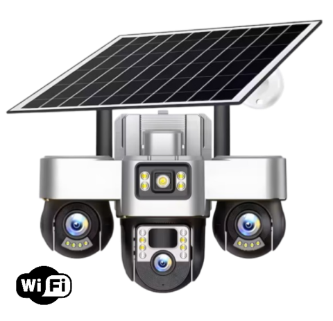 Camere de Supraveghere - Camera de Supraveghere cu Panou Solar WiFi, 15MP, Vedere pe Timp de Noapte, Detectare Miscare, Comunicare Bidirectionala, V380 Pro, Zoom 10X,  3 Lentile 360° PTZ