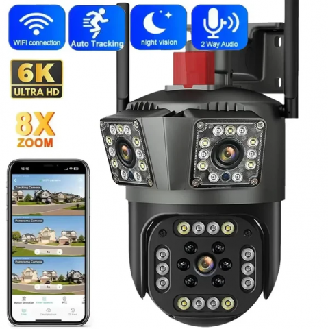 Camere de Supraveghere - Camera de Supraveghere Smart V380 PRO – 3 Camere (1 Rotativă 360°/180°), 12MP, LED cu Sirenă, WiFi 2.4G, Infrarosu, TF Card până la 64GB, Conectare prin Aplicația "V380 PRO", Cablu LAN,Alimentator 220