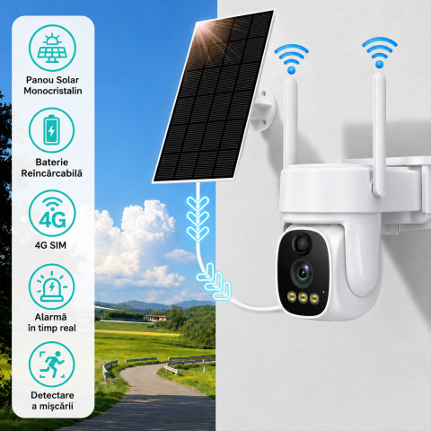 Cameră de Supraveghere Solară 4G 4MP, Panou Solar Inclus, Zoom 10X, Rotire 360°, Viziune Nocturnă, Detectare Mișcare, V380 Pro [2]