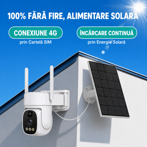 Cameră de Supraveghere Solară 4G 4MP, Panou Solar Inclus, Zoom 10X, Rotire 360°, Viziune Nocturnă, Detectare Mișcare, V380 Pro [1]