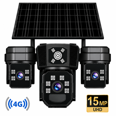 Camere de Supraveghere - Cameră de Supraveghere Solară 4G 15MP cu 3 Camere, Panou Solar, Zoom 10X, Rotire 360°, Vedere Nocturnă, V380 Pro