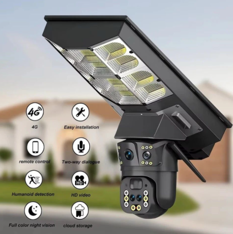 Cameră de Supraveghere Solară 4G cu Lampă Integrată, 4 Lentile, Sistem 5-în-1, Rotire 360°, Detecție Mișcare, Viziune Nocturnă IR & Color, Audio Bidirecțional, IP67, Panou Solar, Monitorizare Live [5]