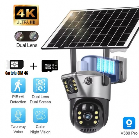 Toate Produsele - Cameră de Supraveghere Cu Panou Solar V380 Pro, Functionalitate Cartela SIM 4G/WiFi, cu Panou Solar, 4K Ultra HD, Control prin App Store & Google Play, Vedere Nocturna, Rezistenta la Apa, Cloud, 360°