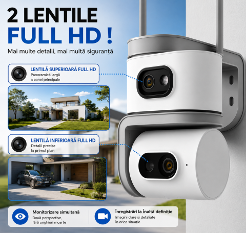 Cameră de Supraveghere WiFi 8MP cu 2 Lentile, Zoom 10X, Viziune Nocturnă, Detectare Mișcare, Audio Bidirecțional, V380 Pro [1]