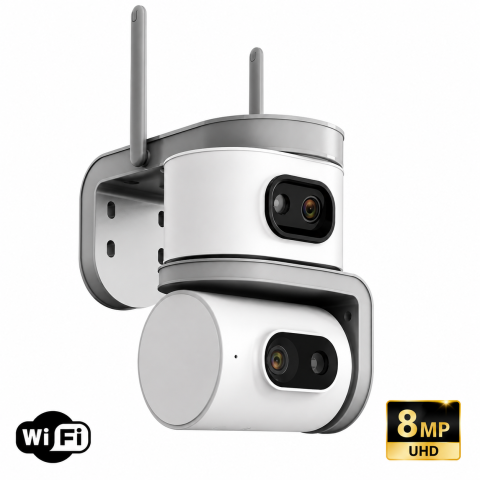 Camere de Supraveghere - Cameră de Supraveghere WiFi 8MP cu 2 Lentile, Zoom 10X, Viziune Nocturnă, Detectare Mișcare, Audio Bidirecțional, V380 Pro