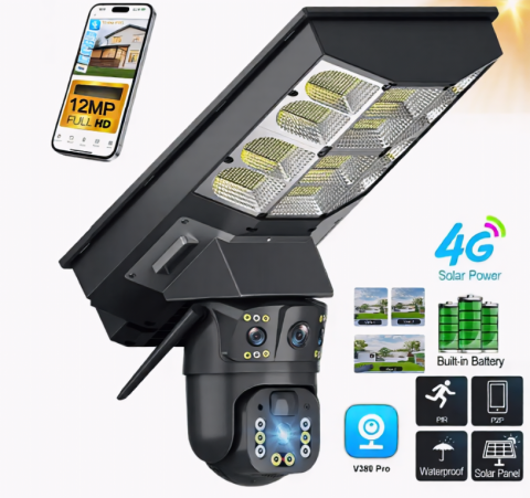 Camere de Supraveghere - Cameră de Supraveghere Solară 4G cu Lampă Integrată, Sistem 5-în-1, 4 Lentile, Rotire 360°, Detecție Mișcare, Viziune Nocturnă IR & Color, Audio Bidirecțional, IP67, Panou Solar, Monitorizare Live