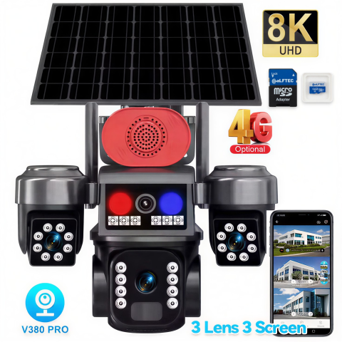 Camere de Supraveghere - Camera Supraveghere 4G cu Panou Solar Tip Crocodil, 3 Camere rotative 720°, 15 MP (5 + 5 + 5MP), 8K UHD, Panou Solar Monocristalin, Viziune Nocturna, Detectare Umana, Zoom 10X Digital, Functie Audio