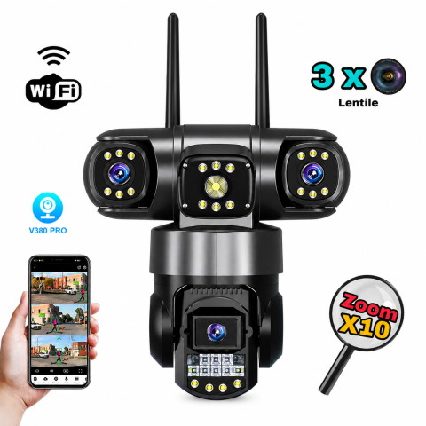 Camera Supraveghere WiFi, 9MP, 3 Camere, Rotire 360°, Zoom Digital 10X, Detectare Miscare, Comunicare Bidirectionala, Proiector LED Lumini, Viziune Nocturna, Protectie IP66 [0]