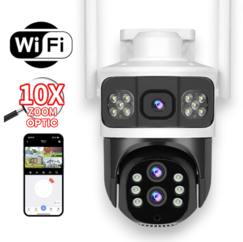 Camere de Supraveghere - Camera Supraveghere WiFi cu 2 Camere, Zoom Optic 10X, 10MP, Viziune Nocturna Color, 360° VR, Detectie Umana, PIR si Radar, Audio, V380 Pro, IP66