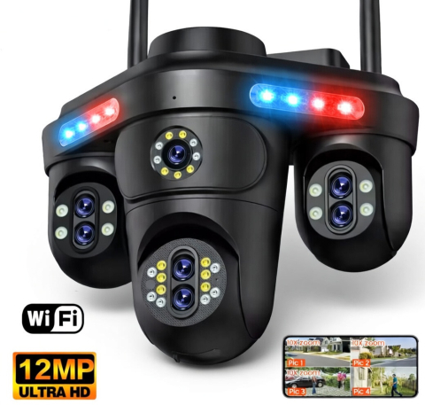 Camere de Supraveghere - Camera Supraveghere WiFi cu 3 Camere Rotative 360°, Lumini/Sirena, 12MP, Ultra HD, Viziune Nocturna Color, Detectie Umana, PIR, Audio, V380 Pro, IP66, PTZ