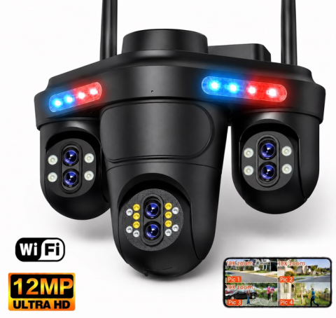 Camere de Supraveghere - Camera Supraveghere WiFi cu 3 Camere Rotative 360°, Lumini/Sirena, 12MP, Ultra HD, Viziune Nocturna Color, Detectie Umana, PIR, Audio, V380 Pro, IP66, PTZ