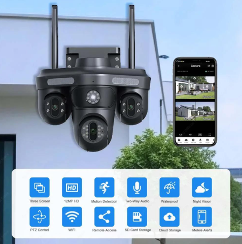 Camera Supraveghere WiFi cu 3 Camere Rotative 360°, Lumini/Sirena, 12MP, Ultra HD, Viziune Nocturna Color, Detectie Umana, PIR, Audio, V380 Pro, IP66, PTZ [15]