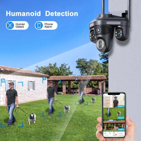 Camera Supraveghere WiFi cu 3 Camere Rotative 360°, Lumini/Sirena, 12MP, Ultra HD, Viziune Nocturna Color, Detectie Umana, PIR, Audio, V380 Pro, IP66, PTZ [6]