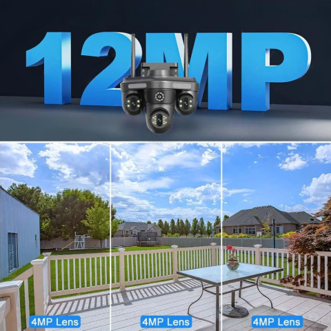 Camera Supraveghere WiFi cu 3 Camere Rotative 360°, Lumini/Sirena, 12MP, Ultra HD, Viziune Nocturna Color, Detectie Umana, PIR, Audio, V380 Pro, IP66, PTZ [1]