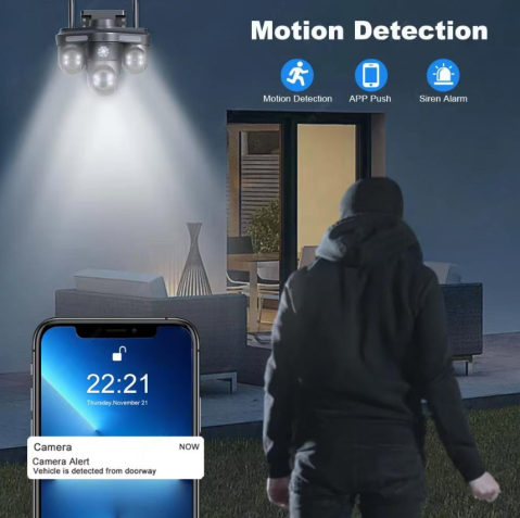 Camera Supraveghere WiFi cu 3 Camere Rotative 360°, Lumini/Sirena, 12MP, Ultra HD, Viziune Nocturna Color, Detectie Umana, PIR, Audio, V380 Pro, IP66, PTZ [3]