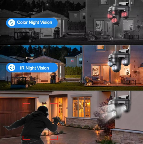 Camera Supraveghere WiFi cu 3 Camere Rotative 360°, Lumini/Sirena, 12MP, Ultra HD, Viziune Nocturna Color, Detectie Umana, PIR, Audio, V380 Pro, IP66, PTZ [2]