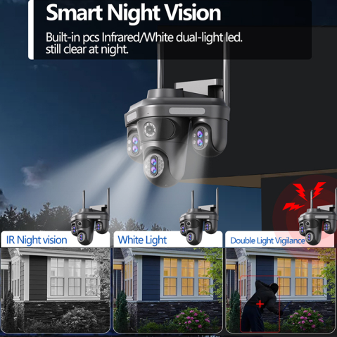 Camera Supraveghere WiFi cu 3 Camere Rotative 360°, Lumini/Sirena, 12MP, Ultra HD, Viziune Nocturna Color, Detectie Umana, PIR, Audio, V380 Pro, IP66, PTZ [8]