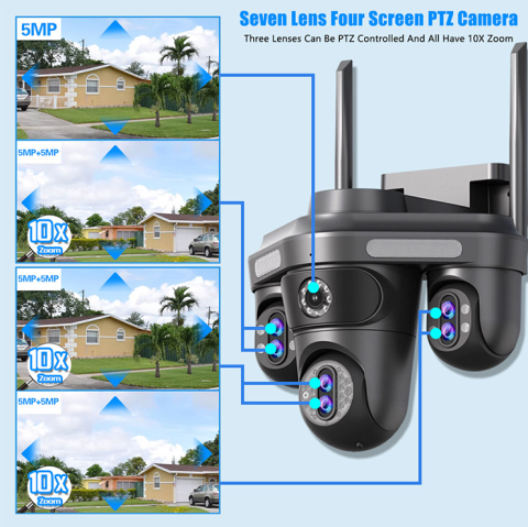 Camera Supraveghere WiFi cu 3 Camere Rotative 360°, Lumini/Sirena, 12MP, Ultra HD, Viziune Nocturna Color, Detectie Umana, PIR, Audio, V380 Pro, IP66, PTZ [7]