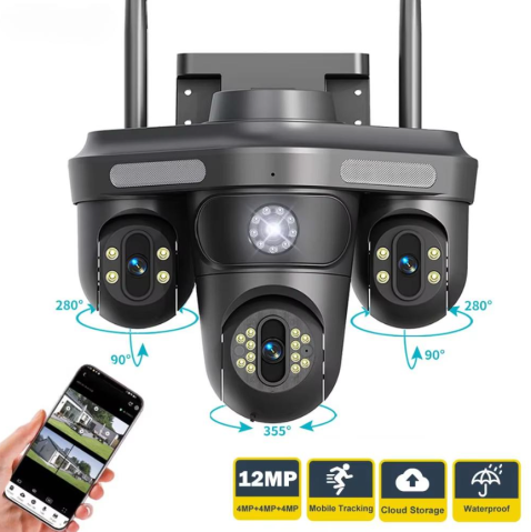 Camera Supraveghere WiFi cu 3 Camere Rotative 360°, Lumini/Sirena, 12MP, Ultra HD, Viziune Nocturna Color, Detectie Umana, PIR, Audio, V380 Pro, IP66, PTZ [9]
