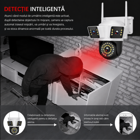 Camera Supraveghere WiFi cu 3 Lentile,12 MP Ultra HD, 360° PTZ, 10X Zoom Digital, Infrarosu, Lumini LED Puternice, Detectie Umana si Miscare, Alarma cu Sirena si Lumini, IP66, Audio Bidirectional [5]