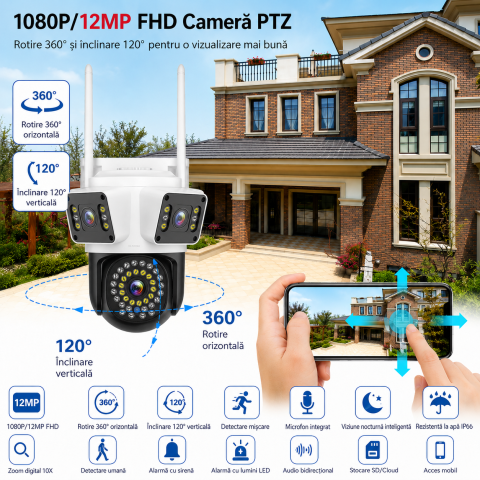 Camera Supraveghere WiFi cu 3 Lentile,12 MP Ultra HD, 360° PTZ, 10X Zoom Digital, Infrarosu, Lumini LED Puternice, Detectie Umana si Miscare, Alarma cu Sirena si Lumini, IP66, Audio Bidirectional [1]