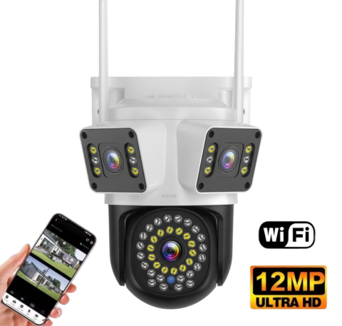 Camere de Supraveghere - Camera Supraveghere WiFi cu 3 Lentile,12 MP Ultra HD, 360° PTZ, 10X Zoom Digital, Infrarosu, Lumini LED Puternice, Detectie Umana si Miscare, Alarma cu Sirena si Lumini, IP66, Audio Bidirectional