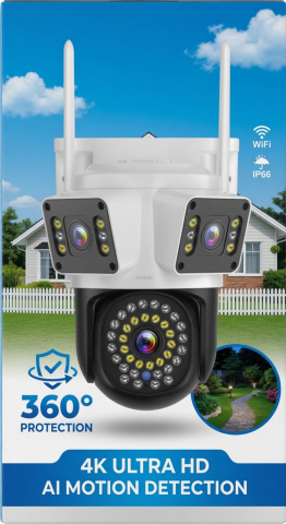 Camera Supraveghere WiFi cu 3 Lentile,12 MP Ultra HD, 360° PTZ, 10X Zoom Digital, Infrarosu, Lumini LED Puternice, Detectie Umana si Miscare, Alarma cu Sirena si Lumini, IP66, Audio Bidirectional [1]