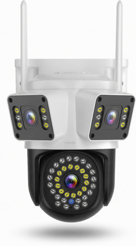 Camere de Supraveghere - Camera Supraveghere WiFi cu 3 Lentile,12 MP Ultra HD, 360° PTZ, 10X Zoom Digital, Infrarosu, Lumini LED Puternice, Detectie Umana si Miscare, Alarma cu Sirena si Lumini, IP66, Audio Bidirectional