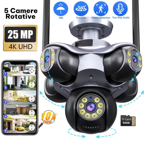 Camere de Supraveghere - Camera Supraveghere WiFi cu 5 Lentile, 25 MP, Camere Rotative 360°, 4K Ultra HD, PTZ, Viziune Nocturna Color, Detectare Umana, Zoom 10X Digital, Audio Bidirectional, Alarma, IP66, Card Memorie 64GB In