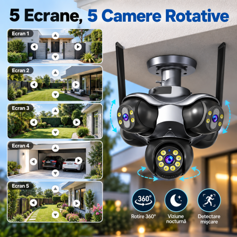 Camera Supraveghere WiFi cu 5 Lentile, 25 MP, Camere Rotative 360°, 4K Ultra HD, PTZ, Viziune Nocturna Color, Detectare Umana, Zoom 10X Digital, Audio Bidirectional, Alarma, IP66, Card Memorie 64GB In [1]