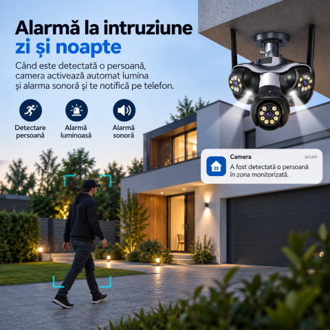 Camera Supraveghere WiFi cu 5 Lentile, 25 MP, Camere Rotative 360°, 4K Ultra HD, PTZ, Viziune Nocturna Color, Detectare Umana, Zoom 10X Digital, Audio Bidirectional, Alarma, IP66, Card Memorie 64GB In [5]