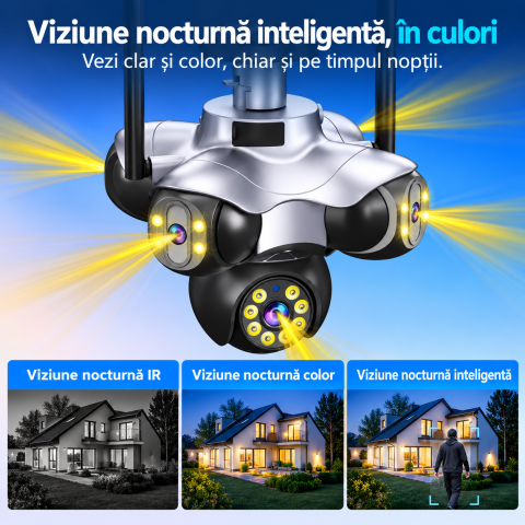 Camera Supraveghere WiFi cu 5 Lentile, 25 MP, Camere Rotative 360°, 4K Ultra HD, PTZ, Viziune Nocturna Color, Detectare Umana, Zoom 10X Digital, Audio Bidirectional, Alarma, IP66, Card Memorie 64GB In [4]