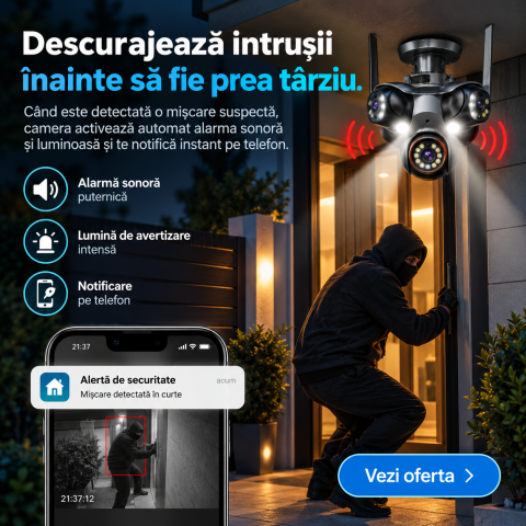 Camera Supraveghere WiFi cu 5 Lentile, 25 MP, Camere Rotative 360°, 4K Ultra HD, PTZ, Viziune Nocturna Color, Detectare Umana, Zoom 10X Digital, Audio Bidirectional, Alarma, IP66, Card Memorie 64GB In [2]