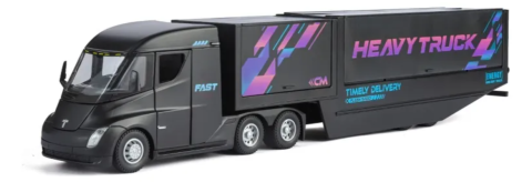 Jucării & Articole pentru Copii - Camion din Metal Tesla Semi Truck cu Container, 35 cm, Functie Pull Back, Usile si Containerul Deschizabile, Lumini si Sunete, Automacheta Tir Tesla Electric