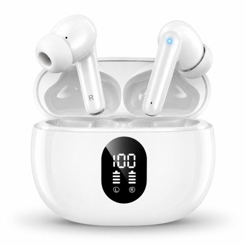 Casti Wireless - Casti wireless cu izolare a zgomotului, In-ear Bluetooth, Casti Wireless Audio, Fara fir, Afisaj Digital, Casti Bluetooth 5.4, Autonomie Bluetooth 42 ore, Microfon Audio HD, Control touch, Latenta Wir