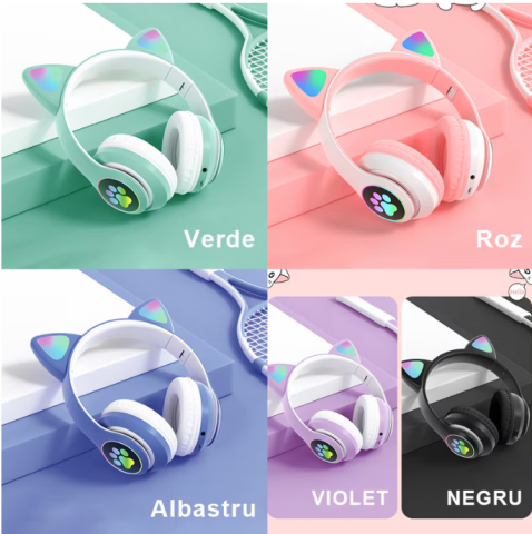 Căști Wireless cu Urechi de Pisică , Lumini LED, Bass Puternic, TF Card, Bluetooth 5.0, Autonomie 7 Ore, STN-28 [1]