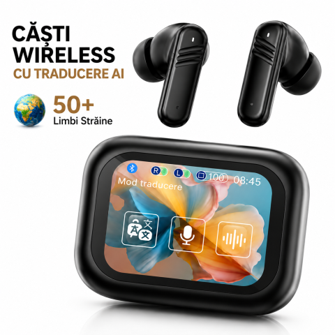 Casti Wireless - Casti Wireless OKOP cu Traducere AI in Peste 50 de Limbi, Ecran Touch Inteligent, Bluetooth, Inregistrare Conversatii, Hyper AI, Baterie de Lunga Durata
