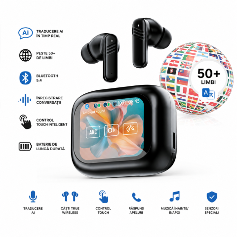 Casti Wireless OKOP cu Traducere AI in Peste 50 de Limbi, Ecran Touch Inteligent, Bluetooth, Inregistrare Conversatii, Hyper AI, Baterie de Lunga Durata [8]