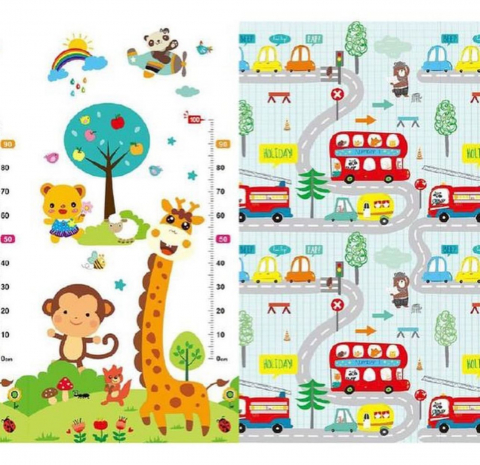 Covor de Joaca, din Spuma, Sosele cu Autobuz si Animale Savana, cu 2 Fete, 180×200 cm [0]