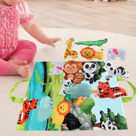 Covor pentru Copii cu Animale din Junglă, 9 Figurine Incluse, Covoraș Transformabil în Gentuță cu Arici, Joc Educativ Montessori [1]