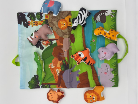 Covor pentru Copii cu Animale din Junglă, 9 Figurine Incluse, Covoraș Transformabil în Gentuță cu Arici, Joc Educativ Montessori [5]