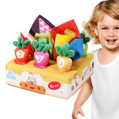 Baby Shop - Jucarie pentru Bebelusi, Cutie Colorata de Servetele, material textil, Cu hartie de Fun Rattle, Activitate Senzoriala,  17.5 x 17.5 x 6 cm