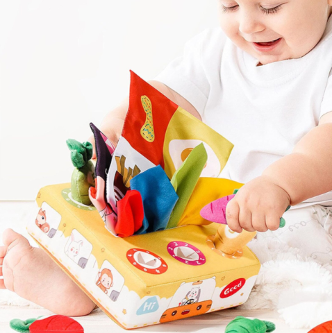 Jucarie pentru Bebelusi, Cutie Colorata de Servetele, material textil, Cu hartie de Fun Rattle, Activitate Senzoriala,  17.5 x 17.5 x 6 cm [2]