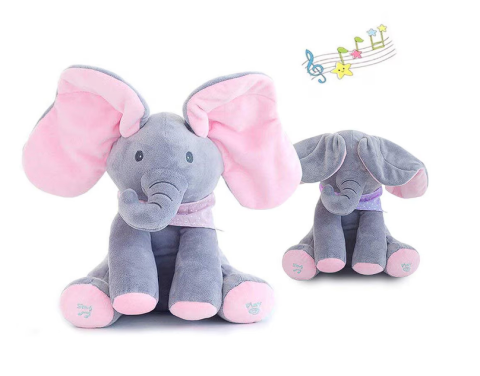 Jucarii de plus - Elefant Peek-a-Boo, isi Acopera Ochii cu Urechile, 30 cm, Pufos, cu Sunete