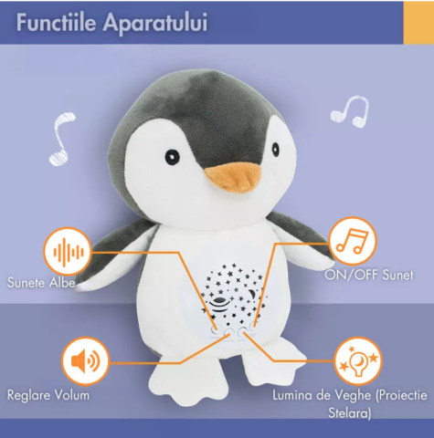 Jucărie de Plus Pinguin / Girafă cu Proiector Stele și Sunete Albe pentru Somn Copii, 25 cm, Night Light Baby [6]